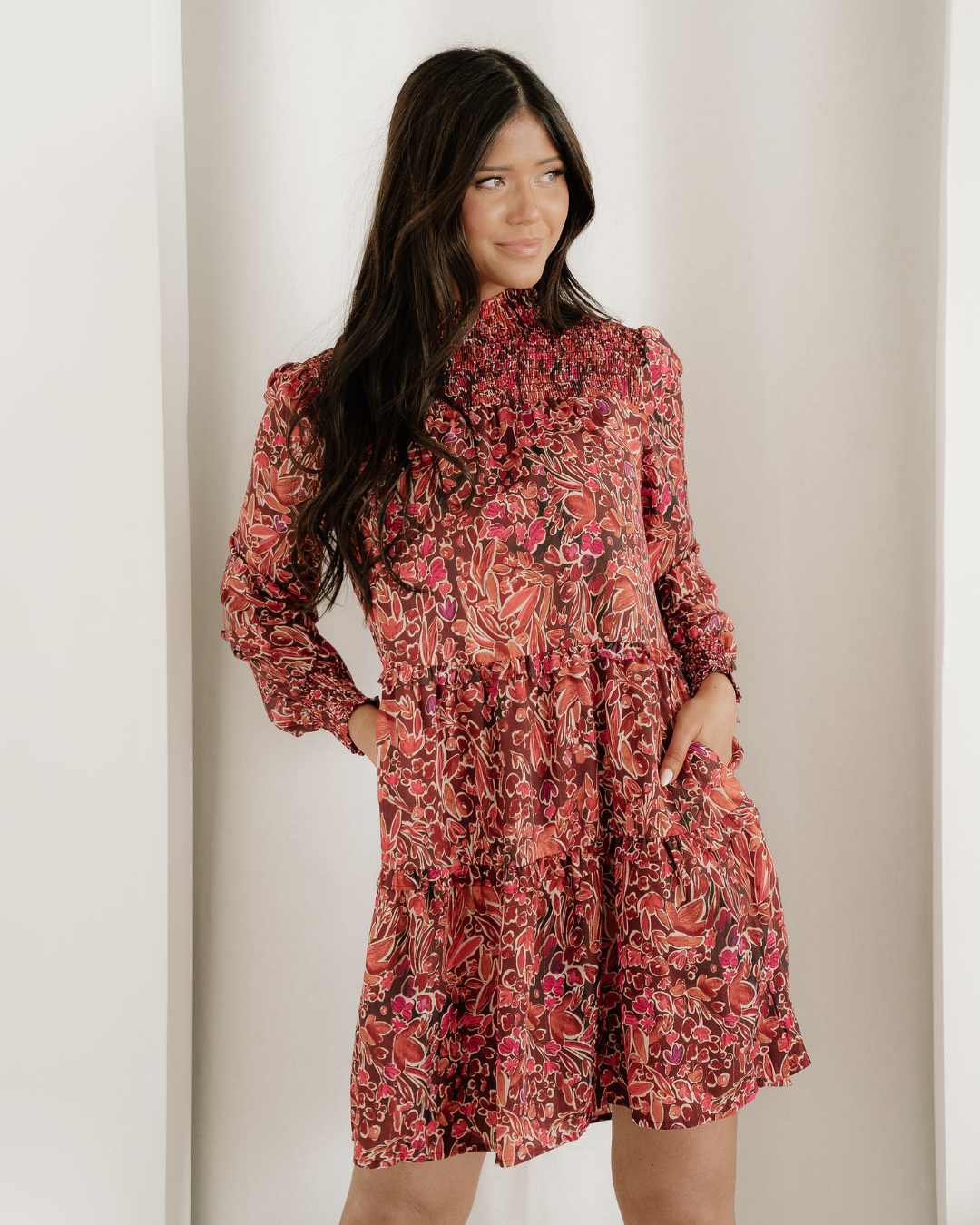 Lilith red floral high-neck mini dress, front view