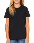 Young girl wearing a black Bella + Canvas Youth Jersey T-Shirt with a soft, classic fit — perfect for custom printing, school apparel, and everyday wear by Lumiere Vive.
