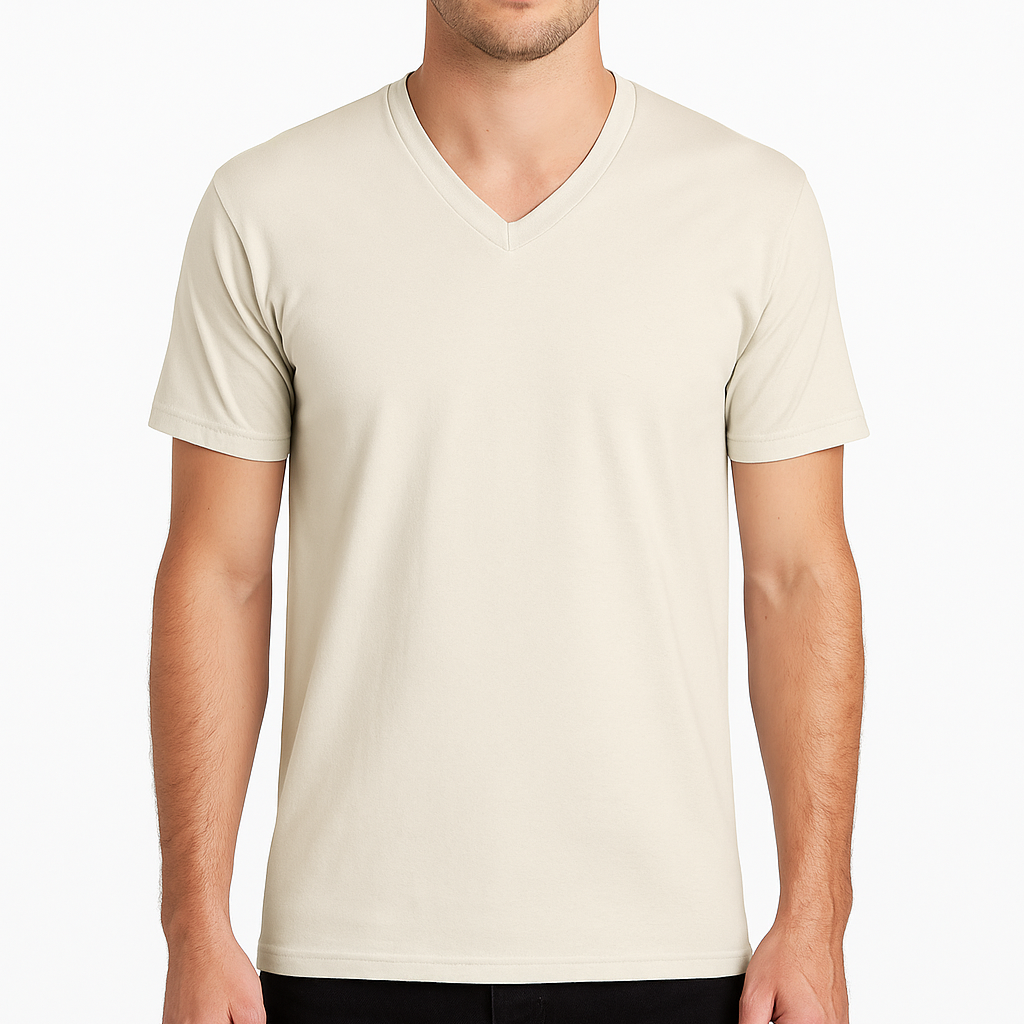 Male model wearing a natural-colored Bella + Canvas 3005CVC V-Neck T-Shirt on a white studio background — soft cotton-poly blank ideal for custom printing by Lumiere Vive.