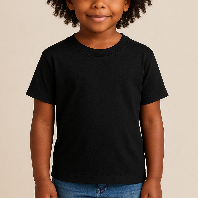Young girl wearing a black Next Level 3312 Youth CVC T-Shirt on a neutral beige studio background — soft cotton-poly blank ideal for custom printing by Lumiere Vive.