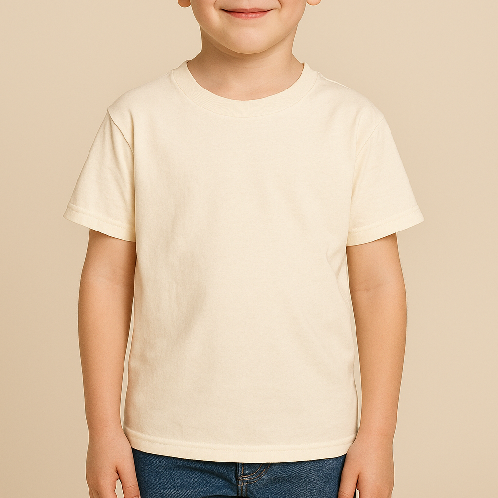 Young boy wearing a natural-colored Rabbit Skins 3321 Youth T-Shirt on a neutral beige studio background — soft ringspun cotton blank ideal for custom printing by Lumiere Vive.