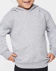 Toddler wearing a heather grey Rabbit Skins 3326 pullover fleece hoodie, comfortable fit, ideal for custom printing