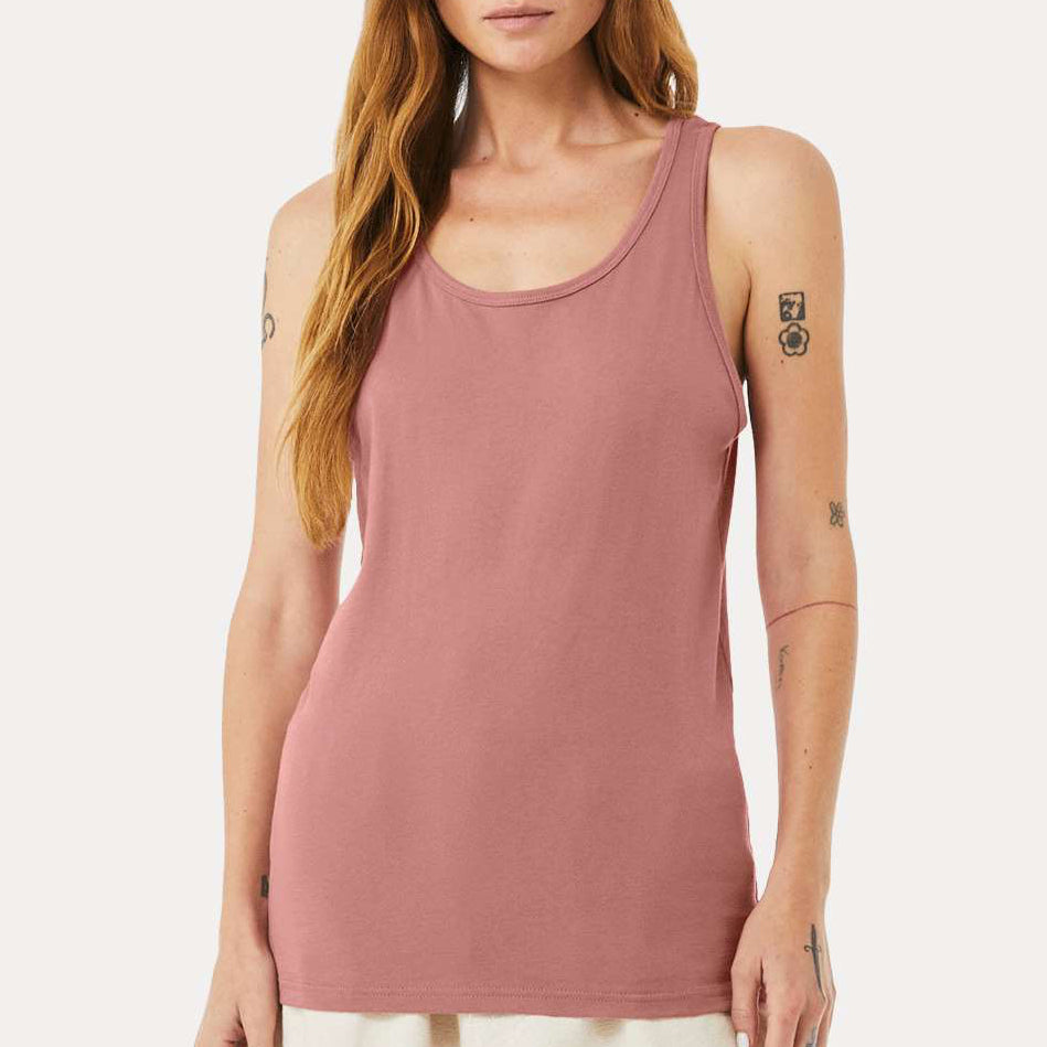 Female model wearing a mauve Bella + Canvas 3480 Unisex Jersey Tank on a neutral background — soft lightweight cotton blend tank ideal for custom printing by Lumiere Vive.