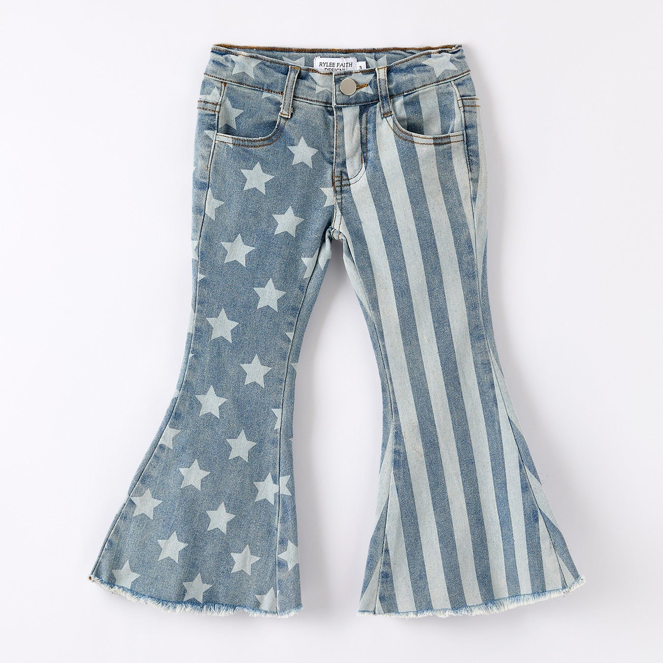 Flared jeans with star pattern on a white background