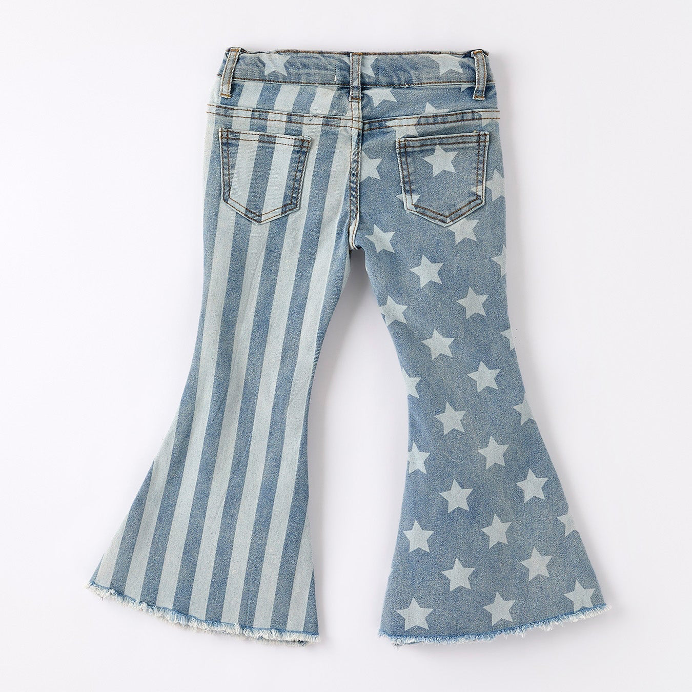 Flared jeans with star pattern and striped design on a white background