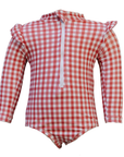 Gingham Long Sleeve Ruffle Zipper One-Piece