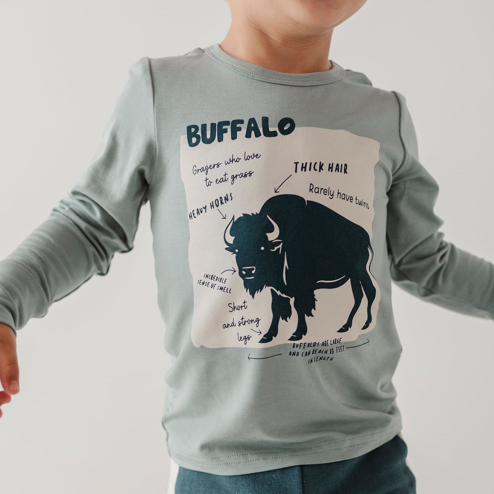 Child wearing a gray long-sleeve shirt with a graphic of a buffalo and text.