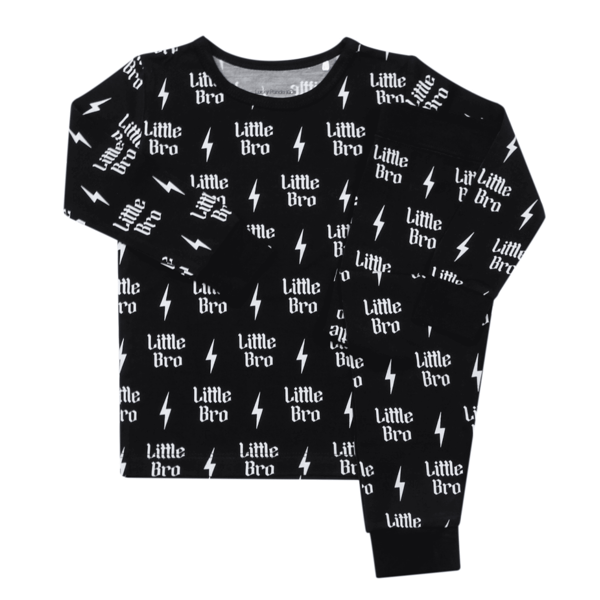 Black long-sleeve shirt with 'Little Bro' text and lightning bolt patterns on a white background