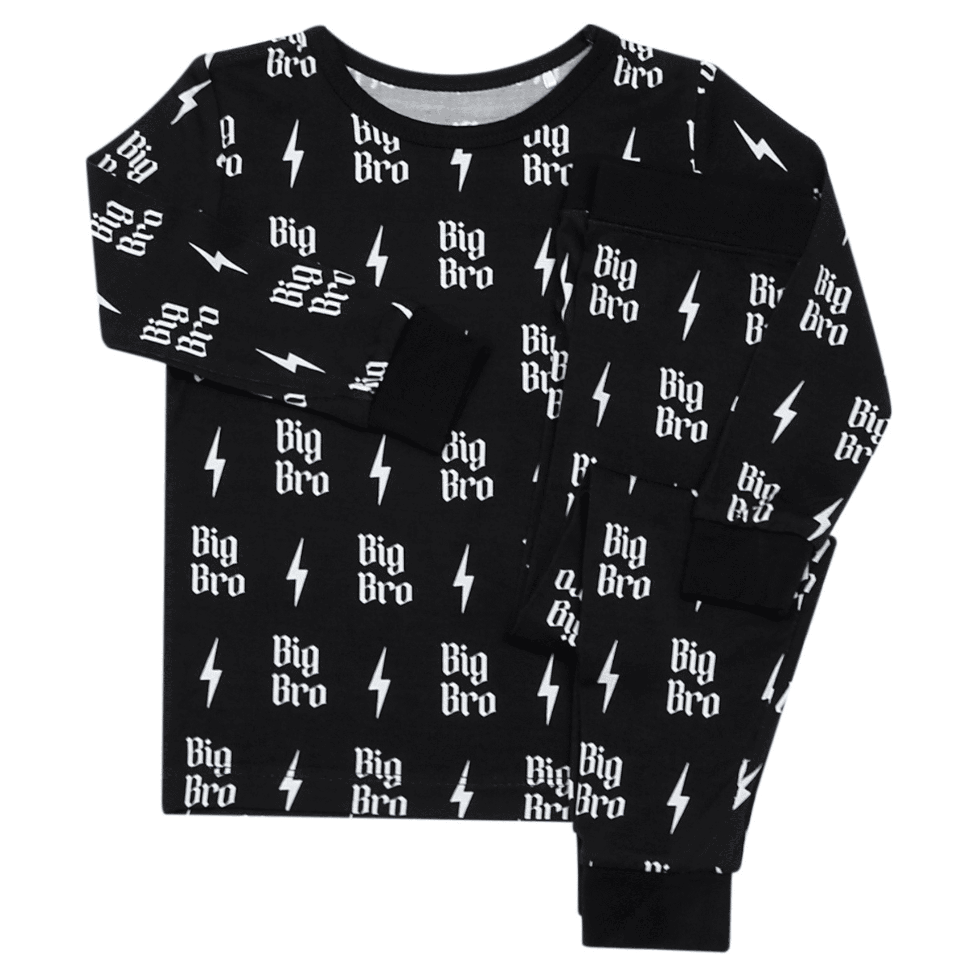 Black sweatshirt with 'Big Bro' and lightning bolt patterns on a white background