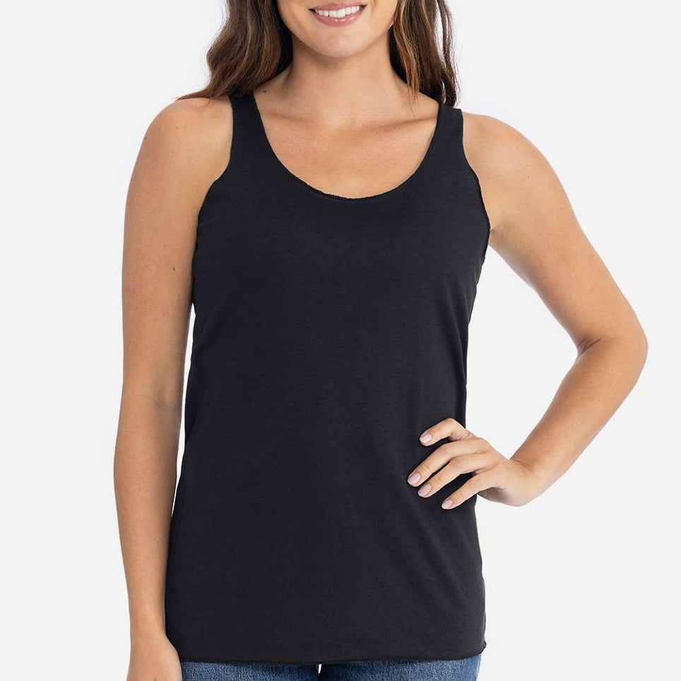 Female model wearing a black Next Level 6733 Triblend Racerback Tank, featuring a flattering fit and lightweight feel — ideal for custom printing and boutique branding by Lumiere Vive.