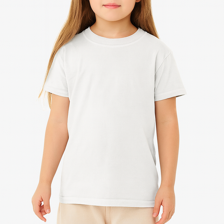 Young girl wearing a white Comfort Colors 9018 Youth Heavyweight T-Shirt on a neutral background — premium ringspun cotton blank ideal for custom printing by Lumiere Vive.