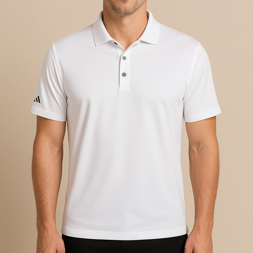 Male model wearing a white Adidas A230 Performance Polo on a neutral beige studio background — moisture-wicking polo ideal for embroidery or custom branding by Lumiere Vive.