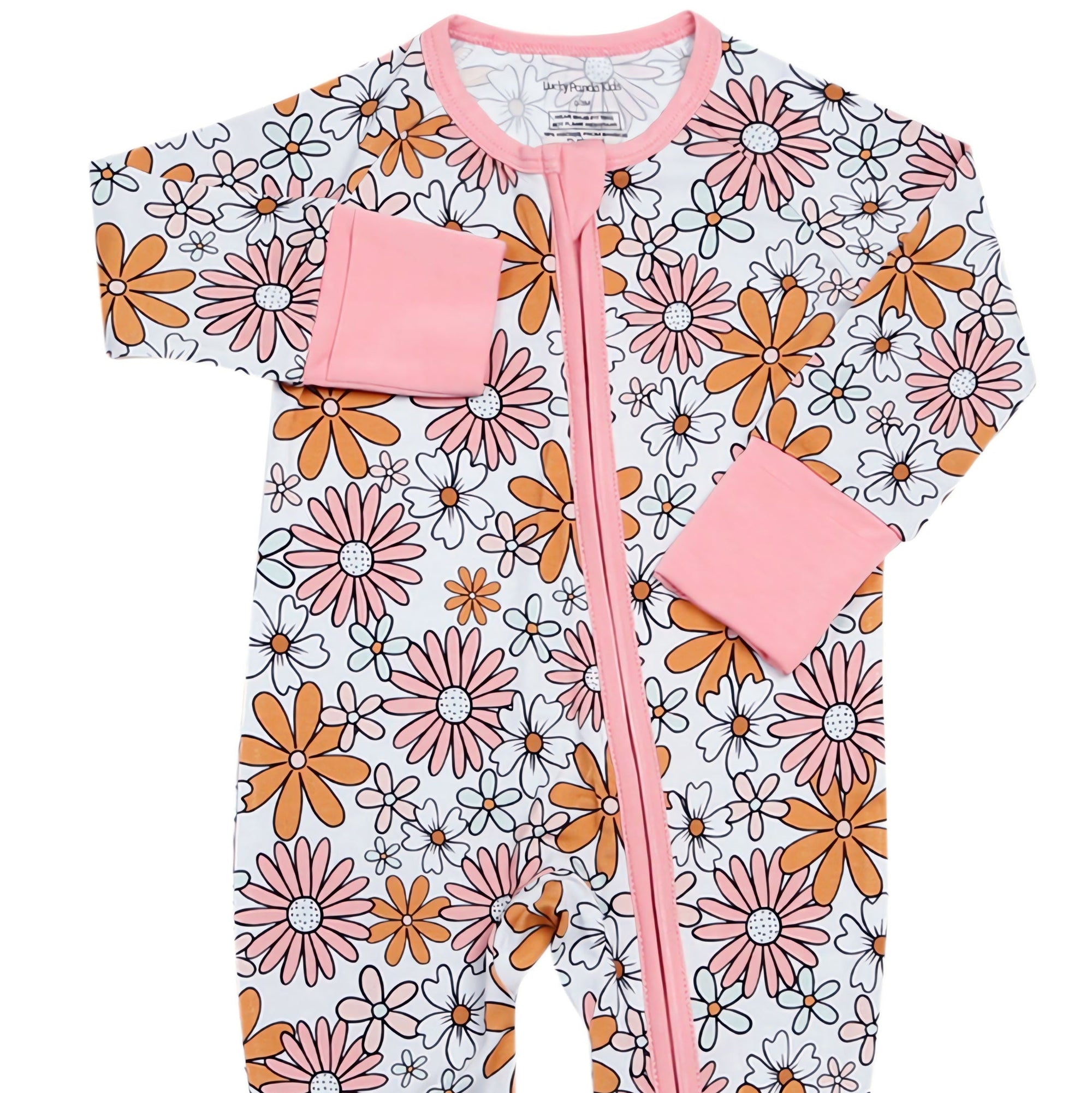 Floral-patterned baby onesie with pink accents on a white background
