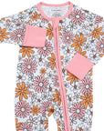 Floral-patterned baby onesie with pink accents on a white background