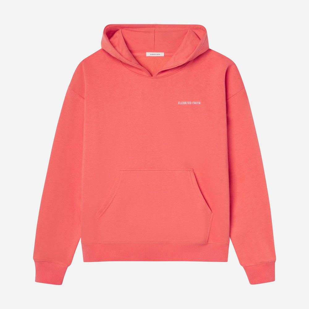 Red hoodie with a brand logo on a light gray background
