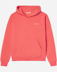 Red hoodie with a brand logo on a light gray background