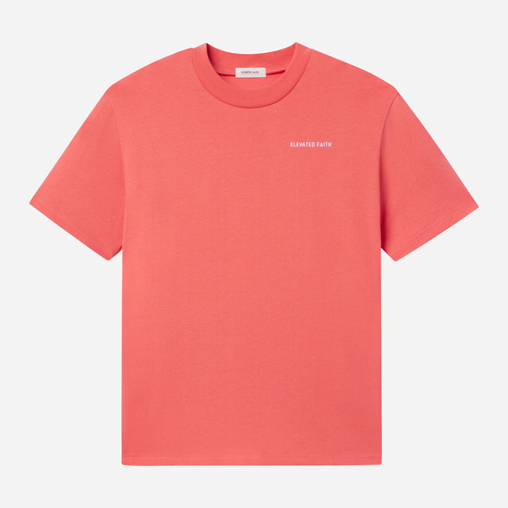 Coral t-shirt with a brand logo on a light gray background