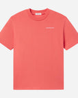 Coral t-shirt with a brand logo on a light gray background