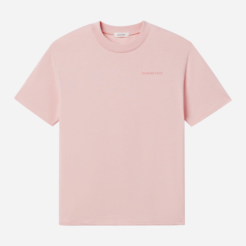 Pink t-shirt with a brand logo on a white background