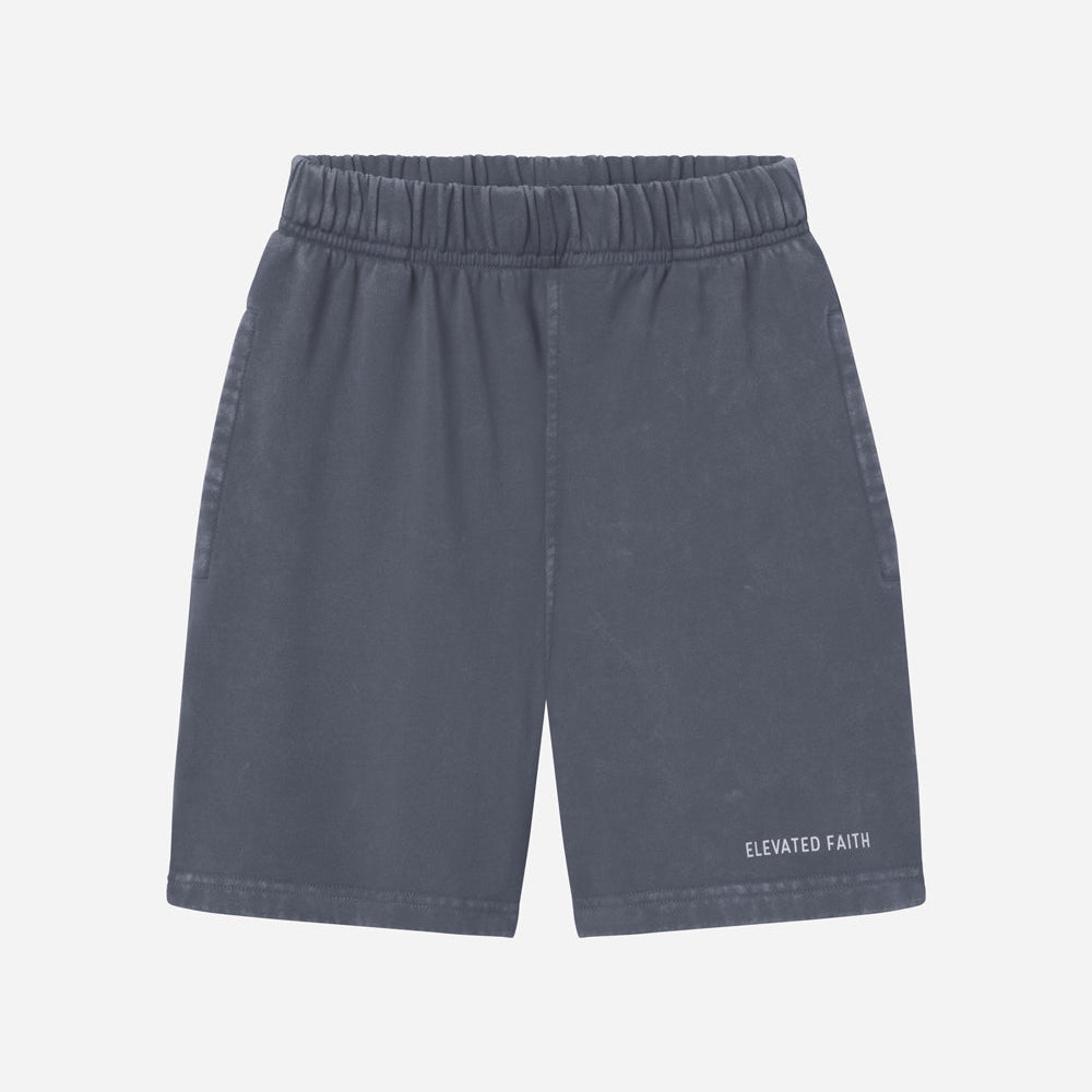 Gray shorts with 'Elevated Faith' branding on a light gray background