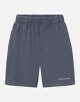 Gray shorts with 'Elevated Faith' branding on a light gray background