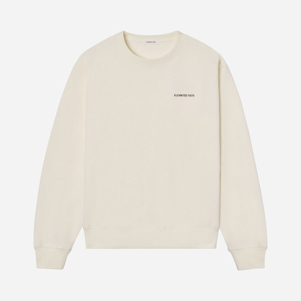 Beige sweatshirt with a small black logo on a white background