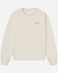 Beige sweatshirt with a small black logo on a white background