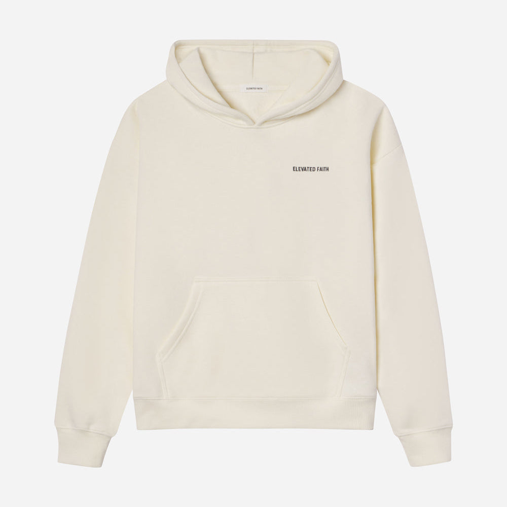 Beige hoodie with a brand logo on a white background