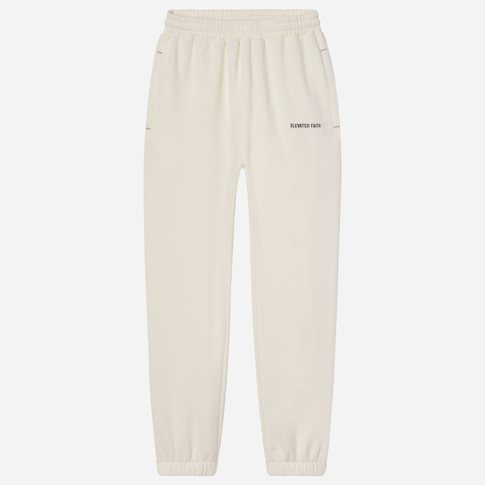 Beige sweatpants with a brand logo on a white background
