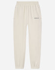 Beige sweatpants with a brand logo on a white background