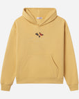 Yellow hoodie with butterfly design on a light gray background
