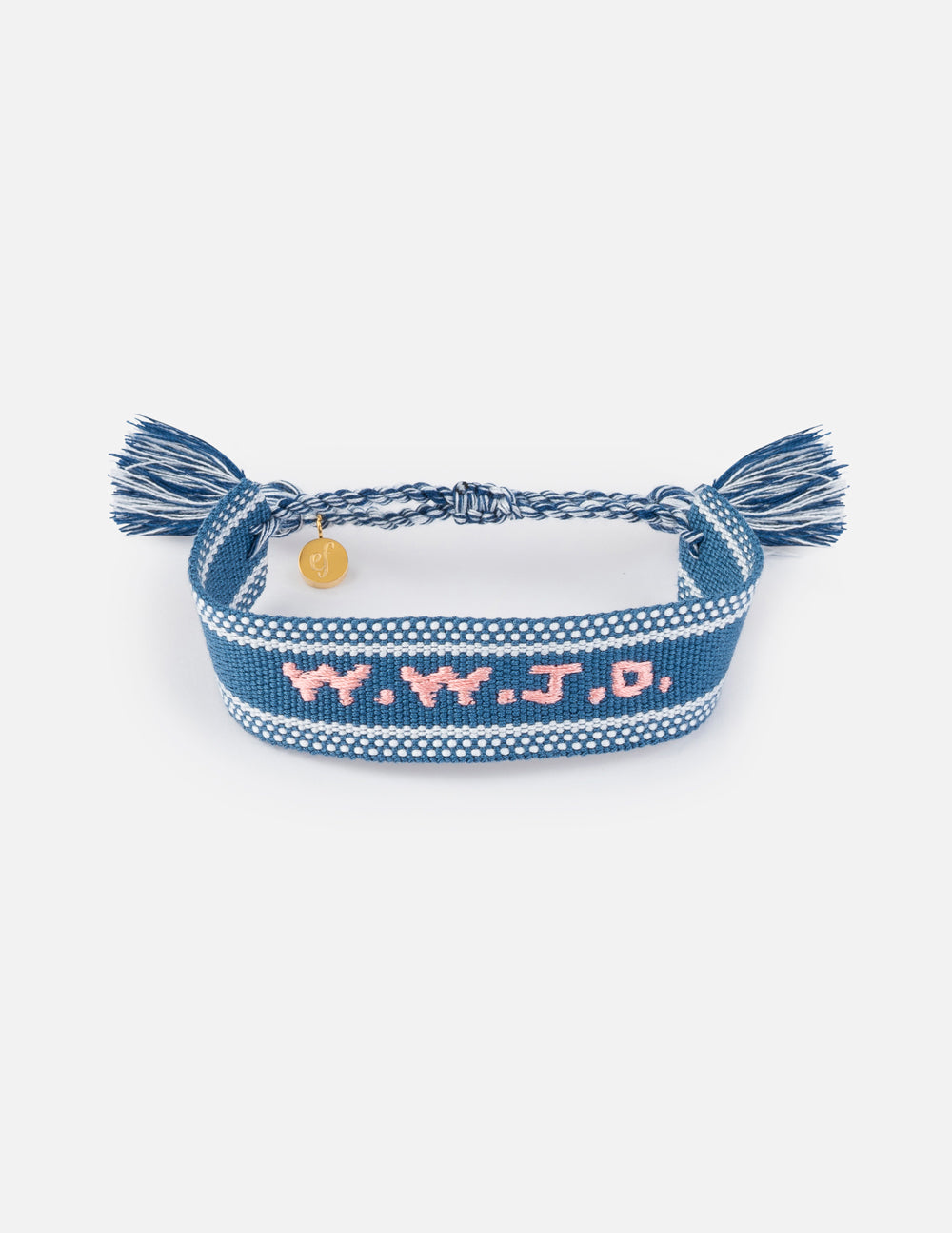 Moonlight Navy WWJD embroidered bracelet with an adjustable braided tie, tassel ends, and a gold-tone logo charm.