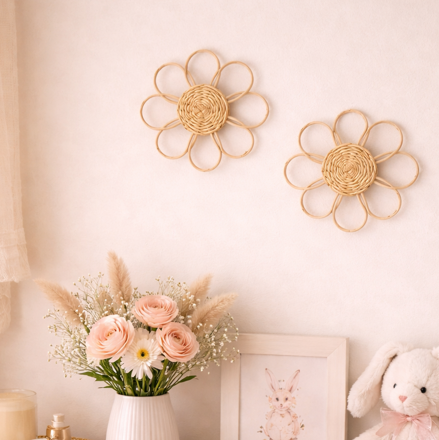 Wooden dresser with decorative items including a vase of flowers, teddy bear, and books against a light wall.