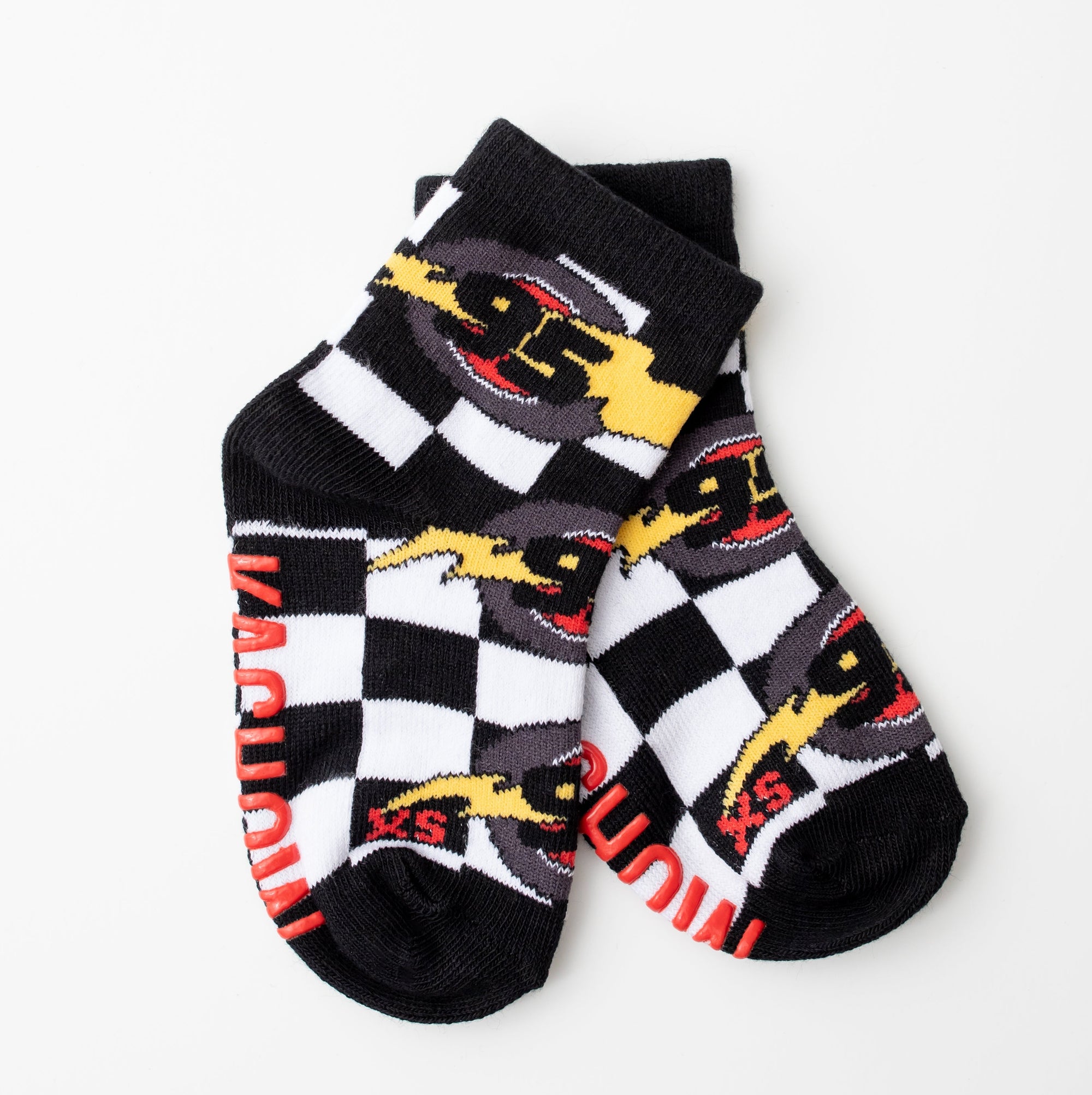 Pair of socks with checkered pattern and racing design on a white background