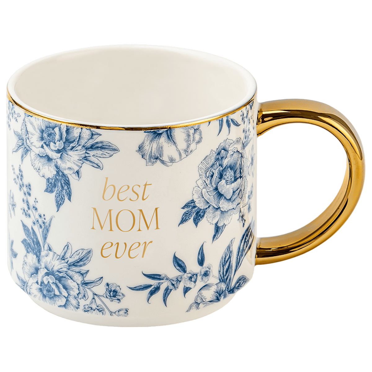 Best Mom Ever cream coffee mug with blue floral artwork, gold lettering, a gold rim, and gold handle