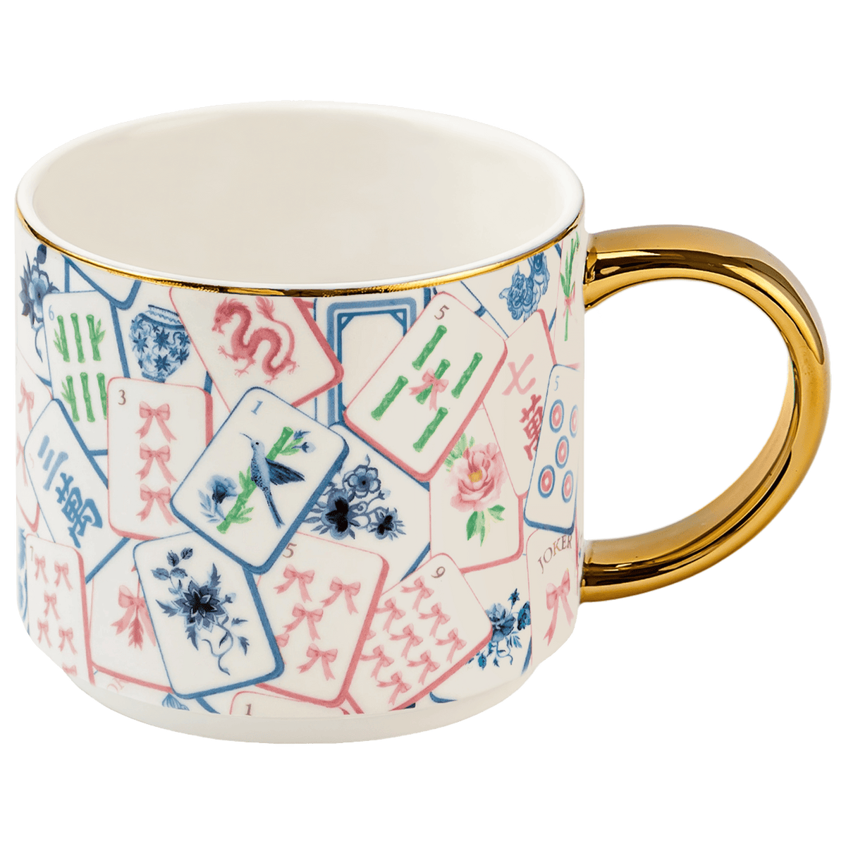 Cream mahjong coffee mug with colorful tile illustrations, a gold handle, and gold rim