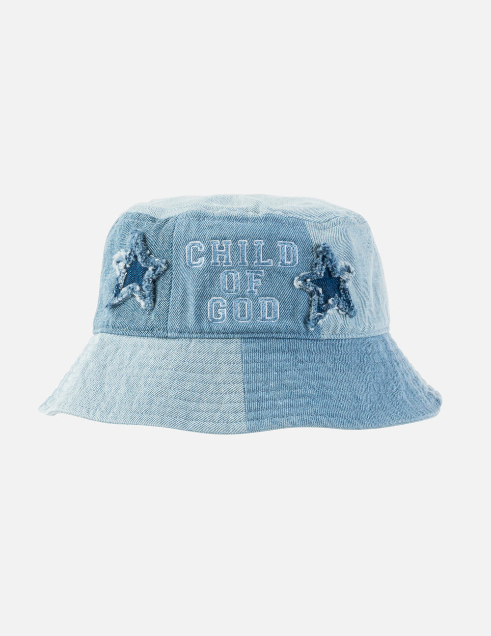 Light-wash denim Child of God bucket hat with embroidered lettering and frayed star appliqués
