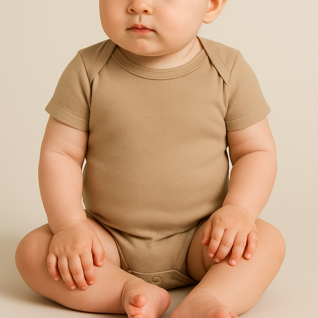 Baby girl wearing a clay-colored short sleeve infant bodysuit on a neutral beige studio background — soft organic cotton blank ideal for custom printing by Lumiere Vive.