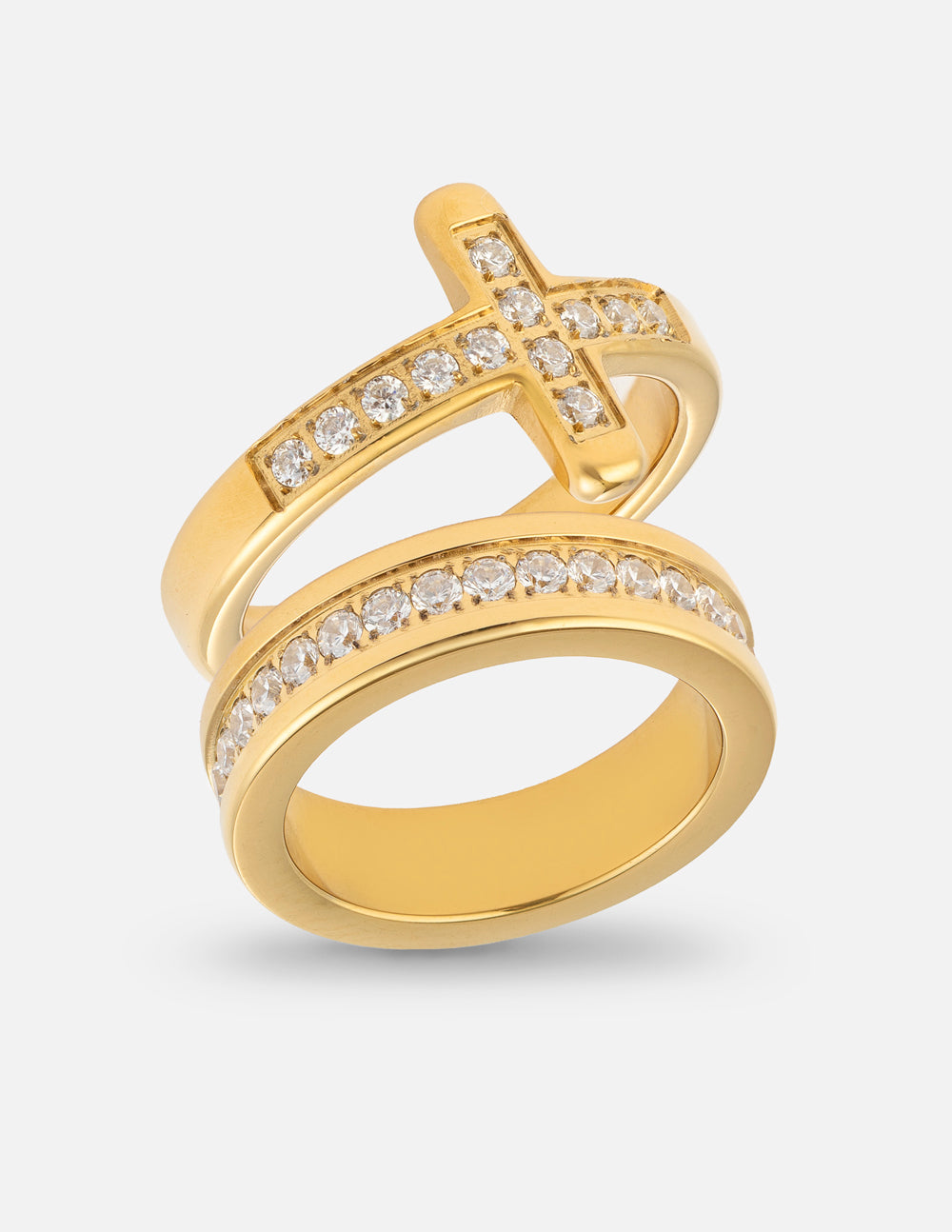 Gold-tone Cross Eternity Gem Ring Set with cross ring and matching gem-accented band