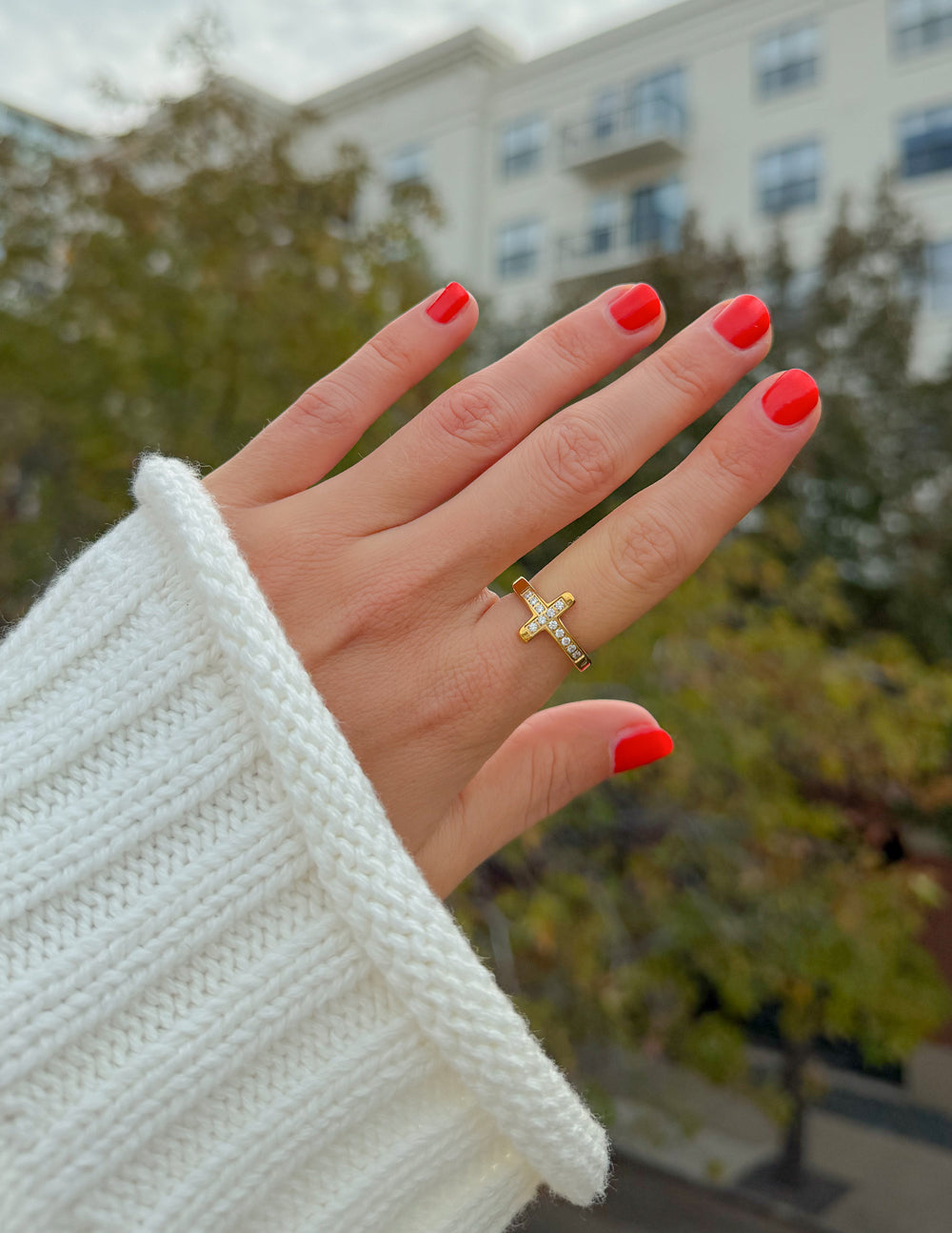 Cross ring with clear gem accents, front product view