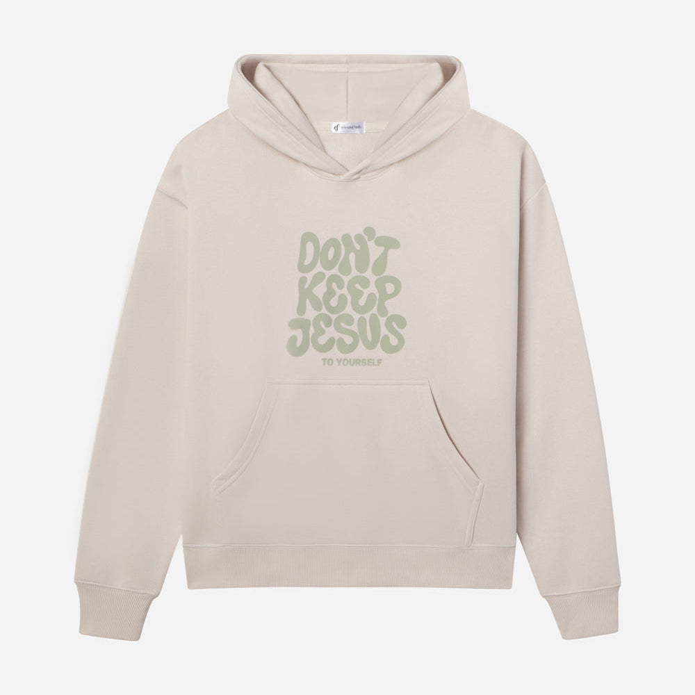 Beige hoodie with green text on a white background