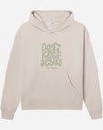 Beige hoodie with green text on a white background