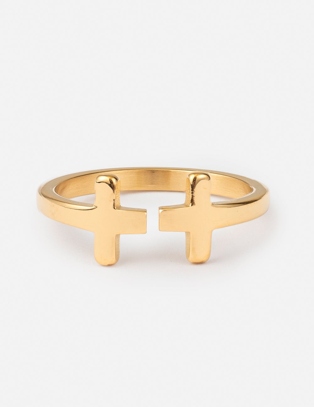 Eternal Cross gold-tone ring featuring two cross details separated by an open space.