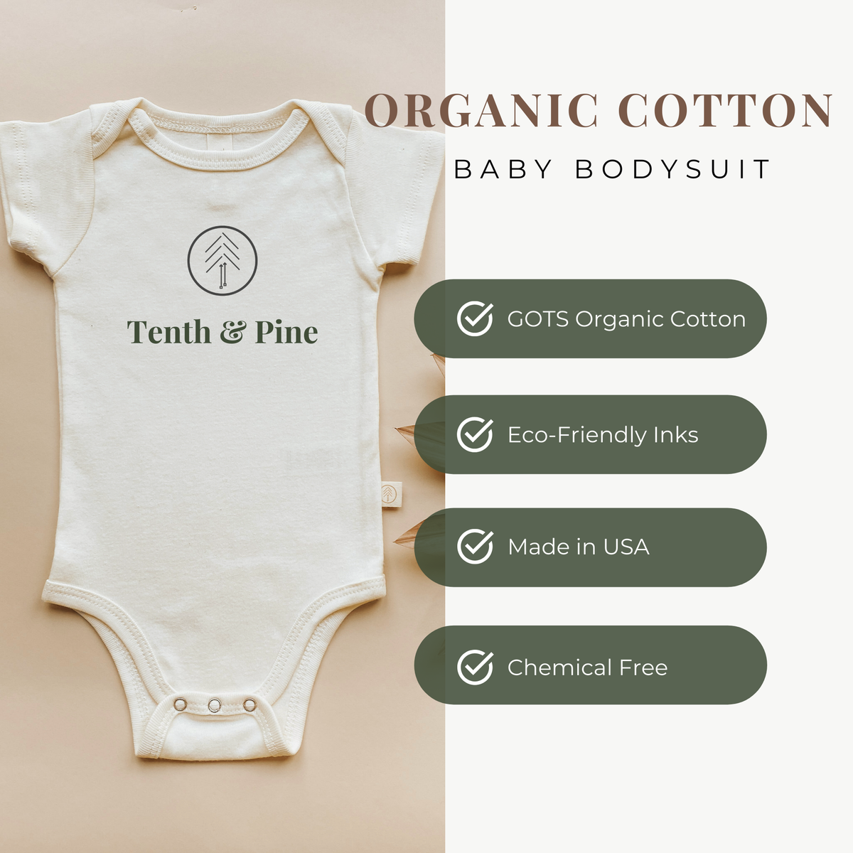 Tenth & Pine organic cotton baby bodysuit graphic highlighting fabric and manufacturing features