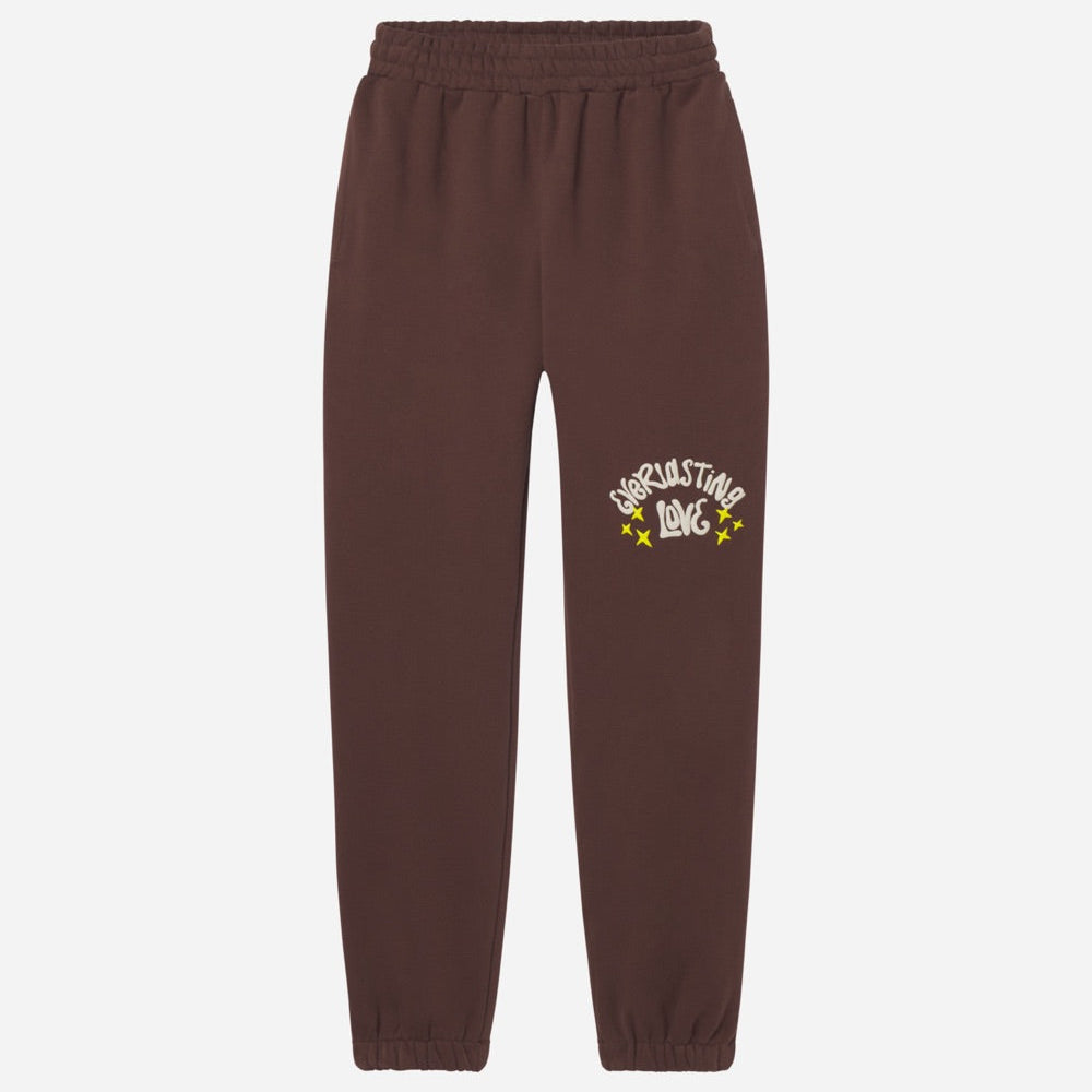 Brown sweatpants with a logo on a white background