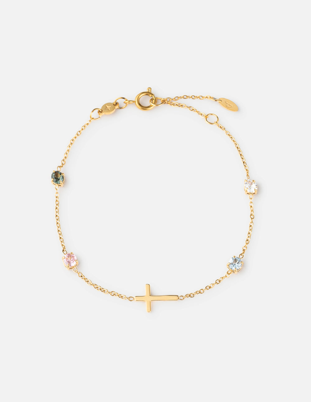 Everlight gold-tone link bracelet with a sideways cross, four colored gemstone accents, and an adjustable chain