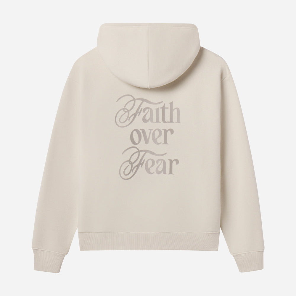 Beige hoodie with 'Faith over Fear' text on the back against a white background