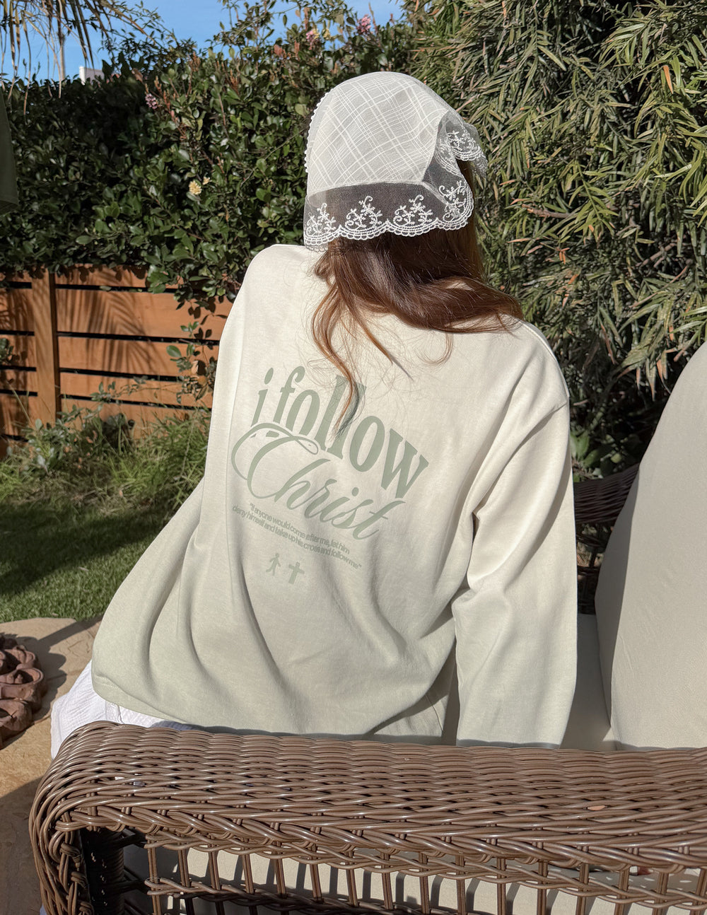 Back of Green Mist Ombre long-sleeve tee with Follow Christ graphic