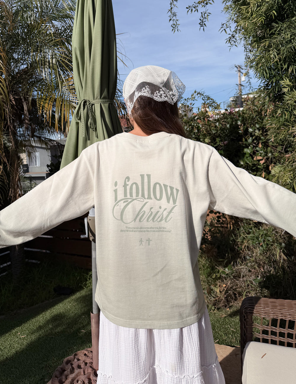 Follow Christ Green Mist Ombre long-sleeve tee, back product view