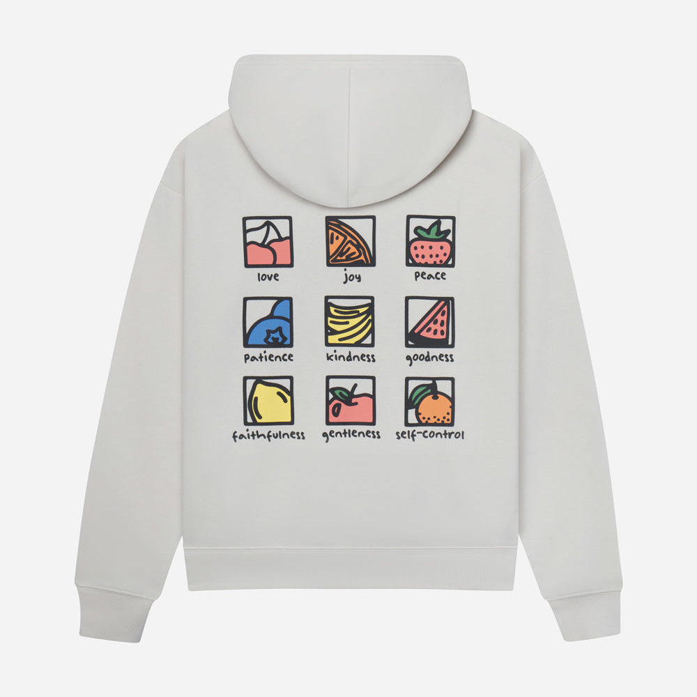 Light gray hoodie with colorful graphic designs on the back against a white background